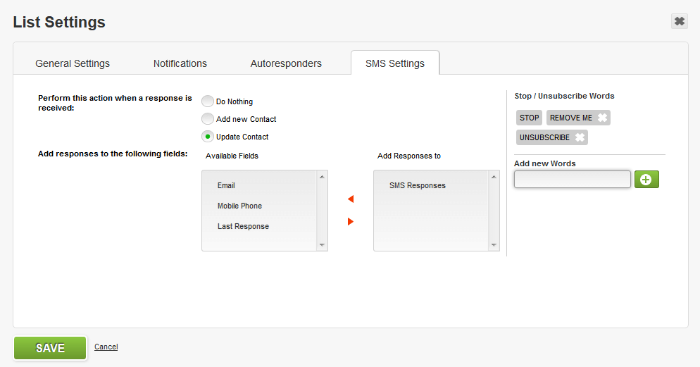 sms responses in lists